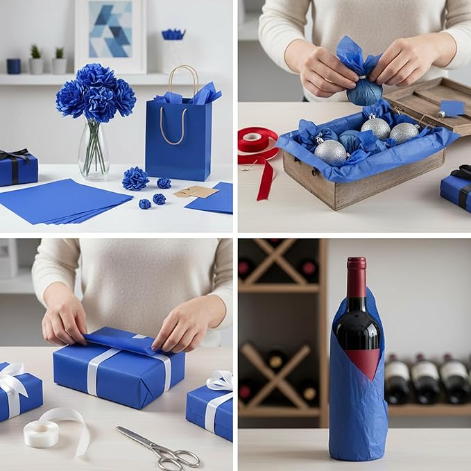Qilery 500 Sheets Royal Blue Tissue Paper Bulk for Gift Bags 15 x 20 Inch Acid Free Packaging Wrapping Paper Sheets for Winter Hanukkah Christmas Decor DIY Crafts, Birthday Party, Shipping Packing