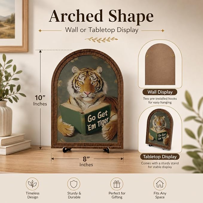 Wooden Tabletop Decor Funny Reading Tiger Art for Bookshelf Desk Shelf, Rustic Arched Wooden Frame with Stand Decor, Home Office Decorative Accent for Animal Lovers