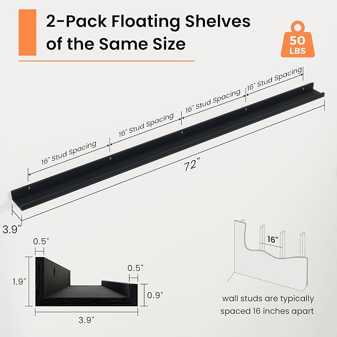 RICHFOCUS Picture Ledge Shelf, 72 inch Floating Shelves Set of 2, Wood Wall Shelves with Lip, Wall Decor Storage for Bedroom Living Room Bathroom Kitchen Nursery Photo Picture, Black