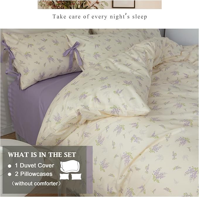 VM VOUGEMARKET Cotton Duvet Cover Set Queen,3 Pieces Purple Floral Bedding Set,Girls Lavender Flower Duvet Cover with Zipper Closure-Queen,90x90 Inch