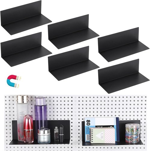 Kokone Magnetic Pegboard Shelves - 6 Pack Flat Display Shelves, 10x4.3 Inch Steel Trays for Organizing Craft Rooms & Workshops