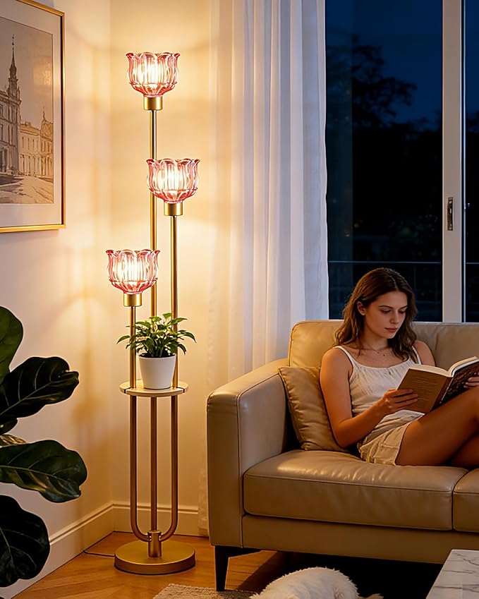 Lightdot Glass Floor Lamp for Living Room 3-Lights Modern Gold Floor Lamp with Rose Red Glass Shade 3000K Bulbs Included Unique Standing Lamp with 5Lbs Heavy Base for Bedroom/Sofa Beside/Corner Decor