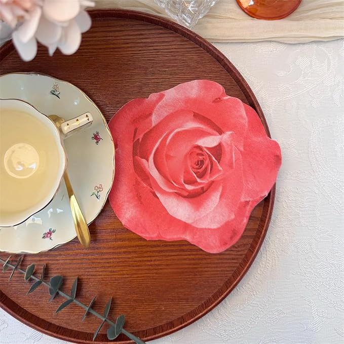 100 Pack Rose Flower Cocktail Napkins, 2-Ply Floral Paper Napkins Disposable Decoupage Luncheon Dinner Napkins for Tea Party Wedding Birthday Hotel Restaurant Folded 6.1 x 6.1 Inches