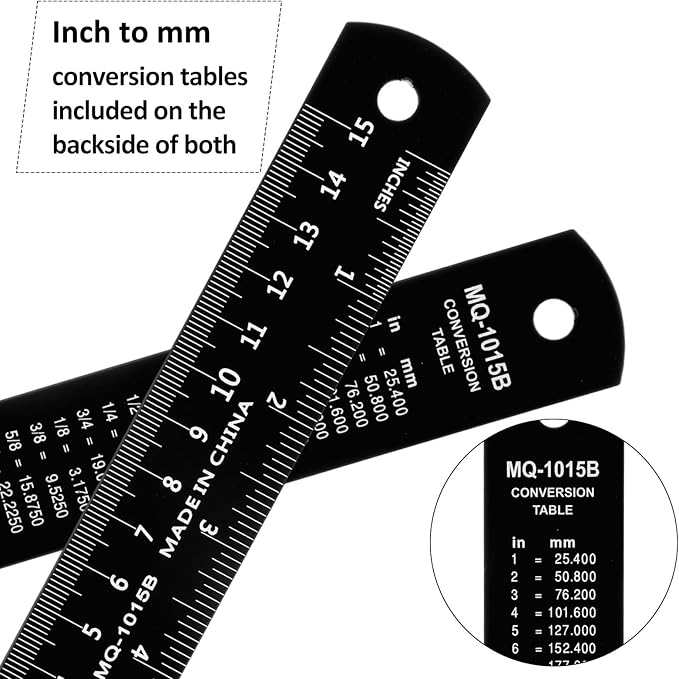 2Pcs 6 Inch 15cm Metal Ruler Set, Stainless Steel Metric Rulers with Centimeters Millimeters Inches, High Contrast Measuring Ruler for School Geometry Office Crafting(Black)