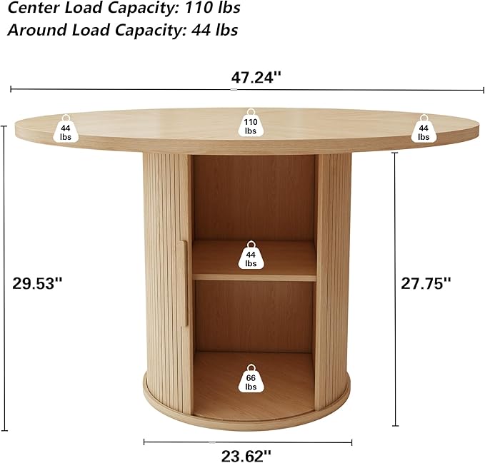 weselon 47 inch Round Dining Table for 4, Kitchen Table Dinner Table with 2-Layer Storage Shelf and Wood Slide Door for Home Dining Room Living Room (Natural)