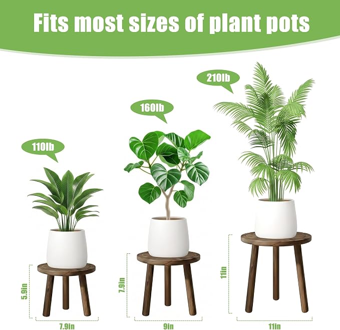 Wood Plant Stands Indoor, 3-Pack Single Plant Stand for 6-12 Inch Pots, Mid-Century Modern Plant Stool, Tall Wooden Plant Stand for Large Plants Perfect Fit for Living Room, Balcony, Office(Dark Brown)