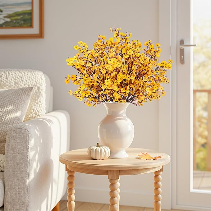 8Pcs Babys Breath Artificial Flowers, Real Touch Yellow Silk Flowers Fake Flowers for Vase Home Office Wedding Christmas Indoor Outdoor Centerpiece Table Party Decorations