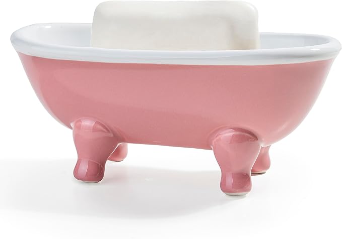 5.7" Ceramic Mini Clawfoot Bathtub Bar Soap Dish, Decorative Bar Soap Holder for Shower, Bathroom & Kitchen Sink (Pink)