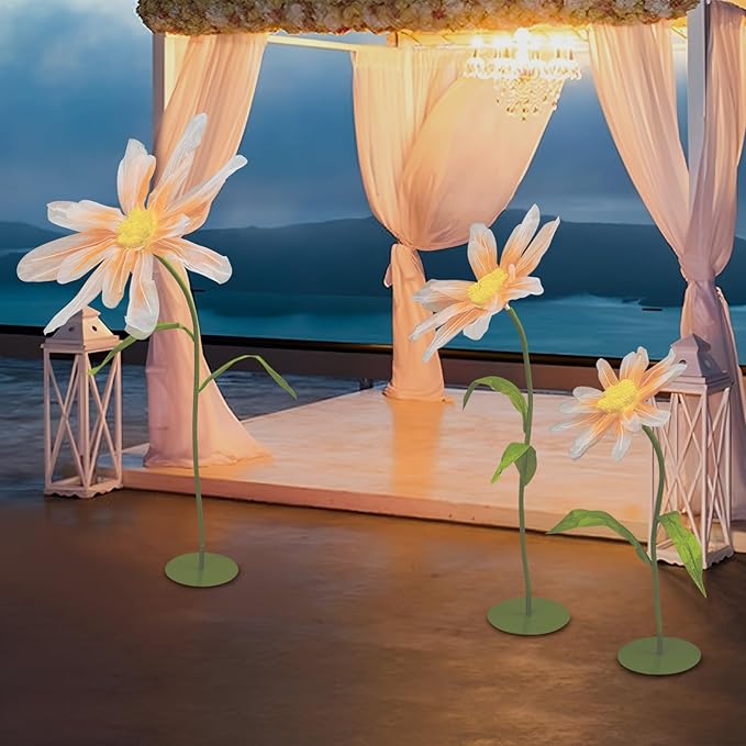 3Pcs Wedding Artificial Daisy Flowers Giant Artificial Paper Flowers Artificial Daisy Flower 3-Head Giant Fake Flowers with Standing Stems and Base for Wedding Wall Party Decor