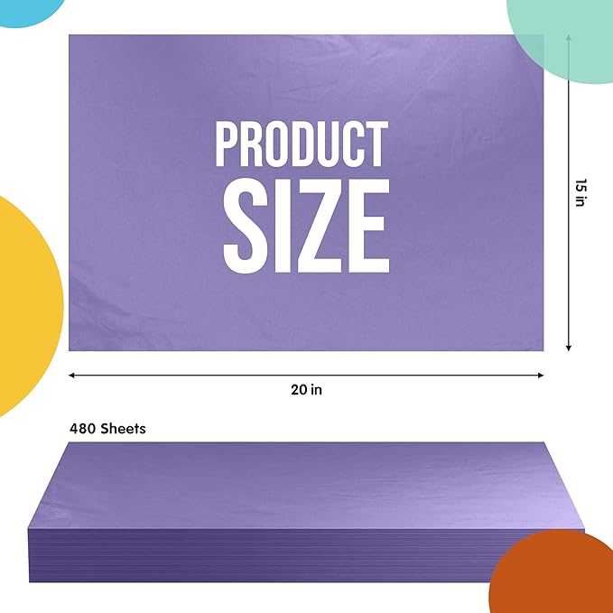 Party Solids Purple Tissue Paper for Gift Bags - 15" X 20" Bulk Tissue Paper Purple 480 Sheets - 10lb Newsprint for Packing, Birthday Gift Box Filler, Packing Supplies for Moving Supplies