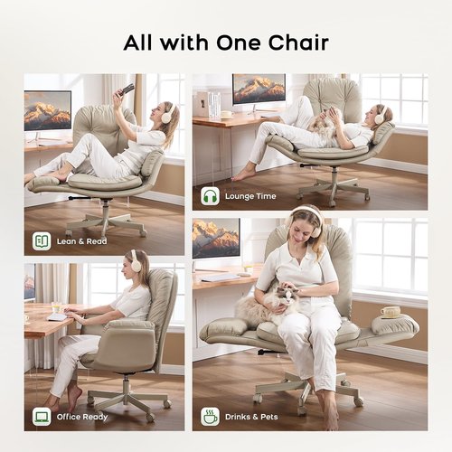 Amseatec Criss Cross Chair - Comfortable Adjustable Swivel Office Desk Chair with Armrests & Wheels | Cream PU Leather