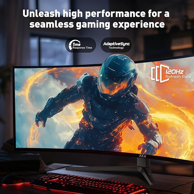 ZZA 49 Inch Curved Monitor, 32:9 Dual QHD 5120x1440 Ultrawide Curved Monitor, 120Hz with 1500R Curvature, 120% sRGB, Height Adjustable Stand, HDMI 2.1 & DisplayPort 1.4