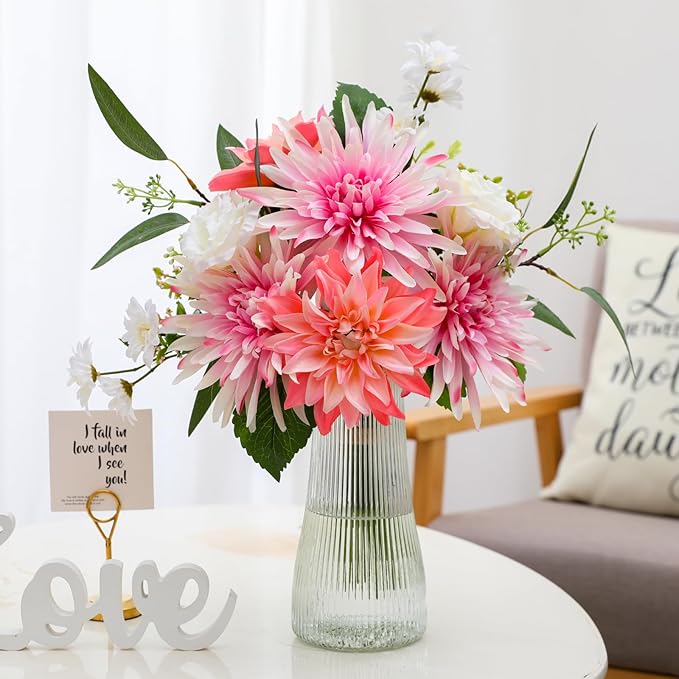 Artificial Flowers – Elegant Flower Bouquet, Faux Silk Dahlia & White Roses Floral Arrangement Fake Plant Decor for Home Indoor, Farmhouse kitchen Dining Decoration Wedding Table Centerpiece