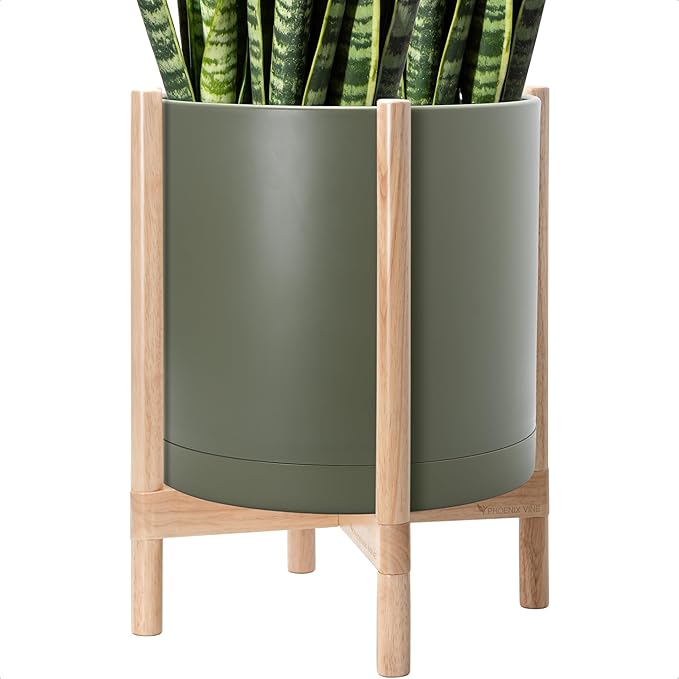 D'vine Dev Planter Pot with Stand - 16 Inch Plastic Cylinder Flower Pot with Wood Planter Holder for Indoor, Olive Pot + Natural Stand, 55-C-Y-3