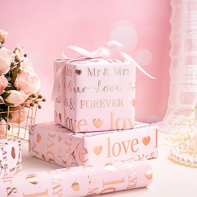 RUSPEPA Wedding Wrapping Paper Roll, Mini Roll, 17 Inches x 16.5 Feet, Pink Rose Gold Foil Ring Design, Perfect for Wedding, Bridal Shower, Anniversary