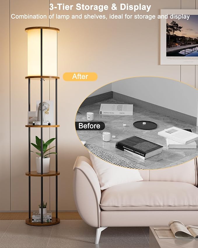 Lightdot 61" Floor Lamp with Shelves, Modern Black Standing Lamp with Fabric Shade and 3- Tier Solid Wood Table Attached, Corner Bookshelf Lamps with Bulb Included for Sofa Beside/Corner Decor