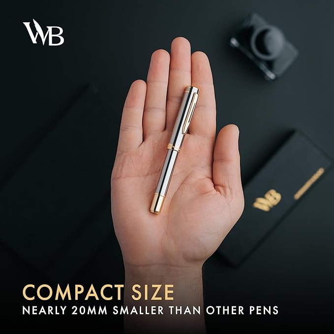 Wordsworth and Black Fountain Pen Mini EDC: Luxury Silver Heavy Pocket Pen, Gold Finish, Medium Nib, 6 Ink Cartridges, Ink Converter, Travel Refillable Writing Pen Gift Set, Men & Women