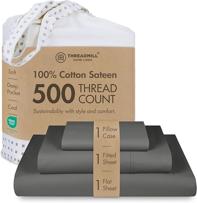 Threadmill - Twin XL Sheets Sets Soft 100% Cotton Cooling Sheets Deep Pocket Snug Fit Elastic, 500 Thread Count, 3-Pc, Hotel Quality Bed Sheets, Beats Egyptian Cotton Claim (Dark Grey)