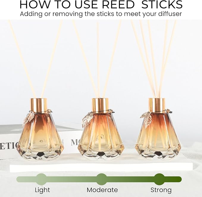 Reed Diffuser Set - 4 Empty Bottles with 20 Sticks, Delicate Gold Leaf Decor, Glass Fragrance Diffuser with Lids for Home, Bathroom | Refillable, Diamond Style (4 PCS Gold)