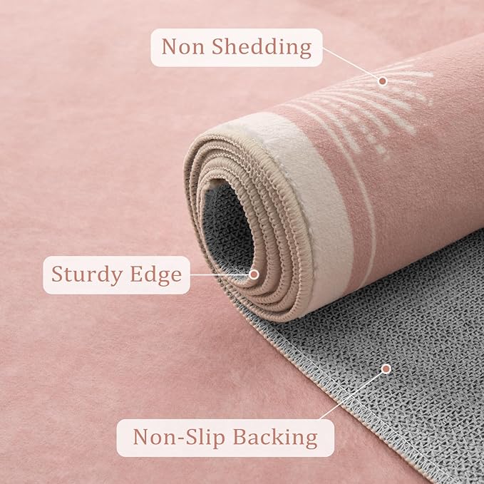 Hedlive Modern 3x5 Pink Rugs for Bedroom Girls,Ultra Thin Nursery Rug for Girls Room, Sun Printed Non Slip Washable Area Rug,Soft Non Shedding Throw Carpet for Playroom Classroom(3'x5',Pink)