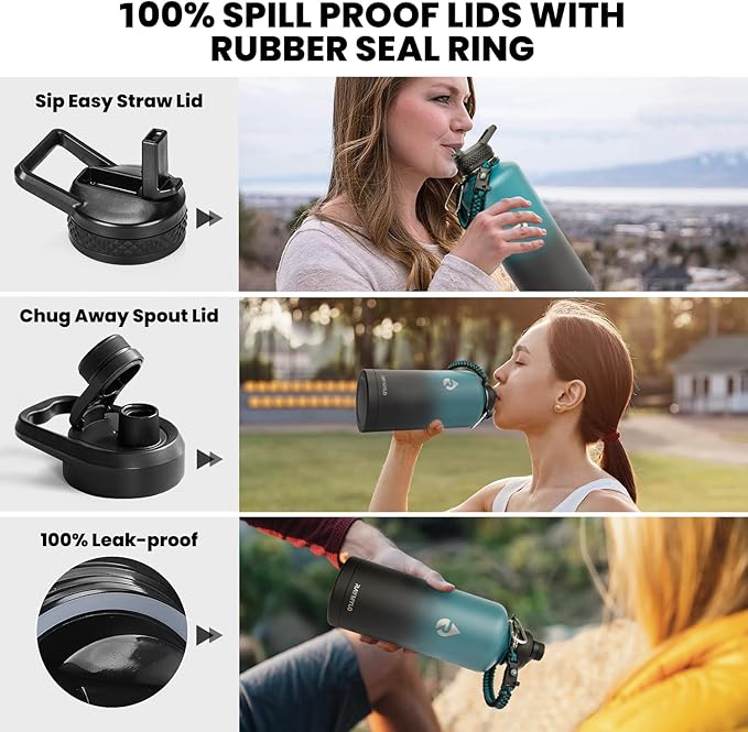Insulated Water Bottle 87 oz, Triple Wall Vacuum Stainless Steel (Cold for 48 Hrs), Leak Proof & Non-BPA, Modern Water Flask Jug with Paracord Handle & Straw Spout Lids, Indigo/Black