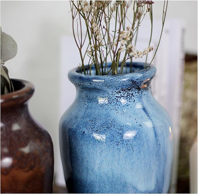 Roro Ceramic Classic Vase, 7.5 Inch, Glossy Reactive Blue Glaze, Modern Home Decor for Flowers, Plants, Decor and Pampas