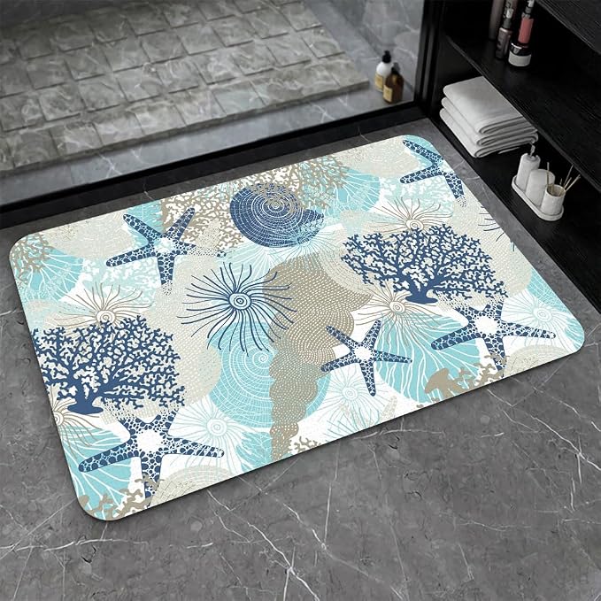 Diatomaceous Earth Bath Mat,Cute Corals and Seashells Non-Slip Volume Super Absorbent Fast Drying for Bathroom Kitchen mat,Eco-Friendly Easy to Clean 20×31Inch (50 * 80cm)