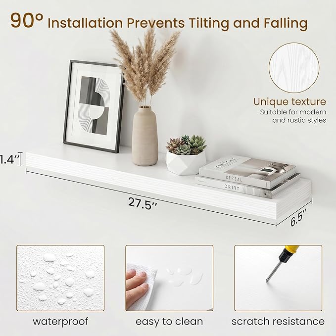 Dreamland Floating Shelves for Wall, 27.5 Inch Long Shelves, Wall Decor for Bedroom, Kitchen, Living Room & Book Storage, Mounted Floating Shelf with Invisible Brackets, Set of 2, White