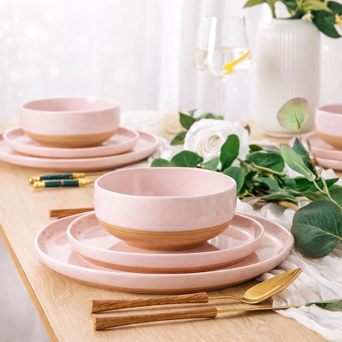 AmorArc Ceramic Dinnerware Sets for 8, 24 Pieces Handpainted Speckled Plates and Bowls Set with Rustic Terracotta Underside, Scratch Resistant Stoneware Dishes Set, Dishwasher & Microwave Safe, Pink