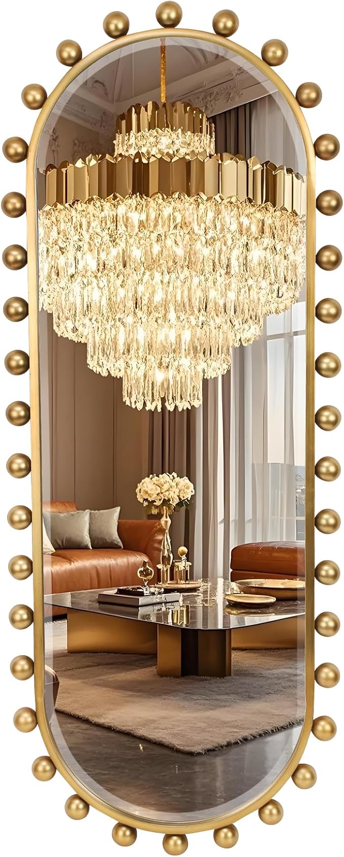 Oval Full-Length Wall Mounted Mirror 20" x 51", Antique Gold Beaded Beveled Mirror with Ball Frame, Vertical & Horizontal Hanging Wall Mirror for Bathroom, Bedroom, Dressing Room, Entryway