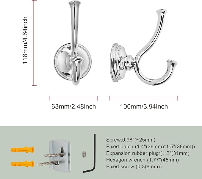 TUNNY Towel Hook Bathroom-2 Pack Polished Nickel(PVD-Nickel) Double Robe/Towel Hook Wall Mounted Hook for Bathroom Bedroom Kitchen