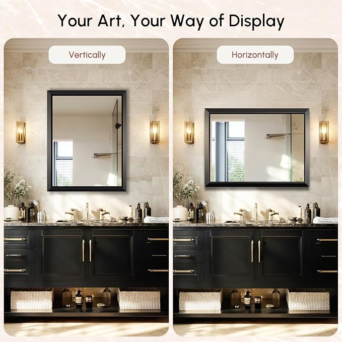 USHOWER 30x36 Inch Floating Bathroom Mirror - Brushed Black Wall Mirror for Over Sink, Anti-Rust, Modern HD Reflection Rectangular Beveled Aluminum Frame Vanity Mirror(Copper-Free Silver Coating)