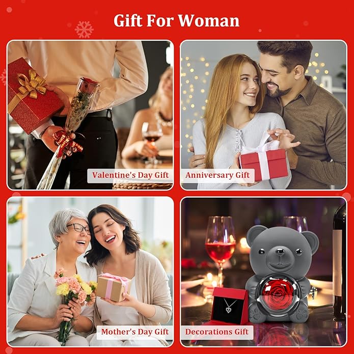HITOP Rose Gifts for Women - Cute Teddy Bear with Preserved Real Roses Forever Flowers and I Love You in 100 Languages Necklace for Girlfriend Her Wife Mom Grandma on Birthdays, Anniversaries