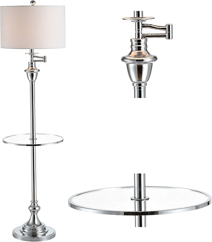 JONATHAN Y 60" Chrome Floor Lamp with Integrated Glass Side Table, Modern Swing Arm Standing Lamp for Living Room, White Linen Shade, LED Bulb Included (JYL3055B)