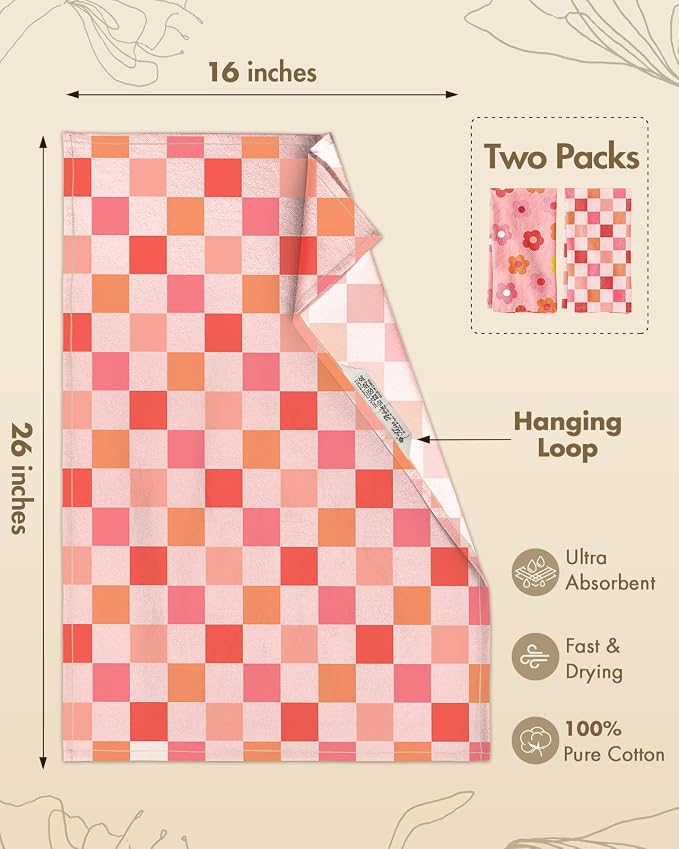 Miss Adola 2 Pack Flour Sack Kitchen Towels - 16x26 Inch Cotton Dish Towels with Hanging Loop Reusable Geometric Boho Modern Retro Tea Towel Absorbent Dishcloths Home Decor, PK Checkered Flower