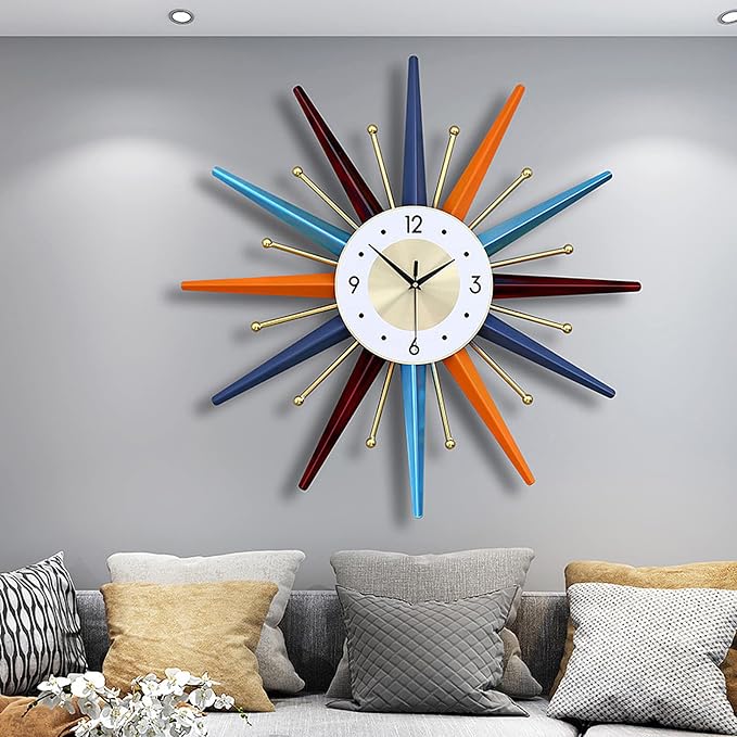 Starburst Large Wall Clock Metal Decorative,Mid Century Wall Clocks, Silent Non-Ticking Battery Operated Wall Clocks Home Décor for Living Room,Bedroom,Dining Room, Office, 22 inch