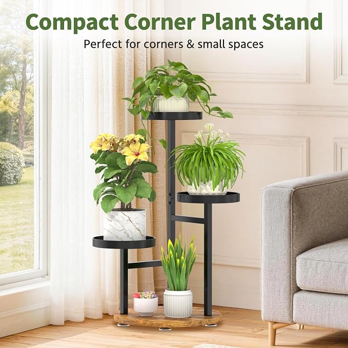 LASZOLA 3 Tier Metal Plant Stand for Indoor Corner, Heavy Duty Wooden Flower Holder Rack for Mutiple Plants, Planter Display Shelf for Patio Garden Balcony Living Room, Black