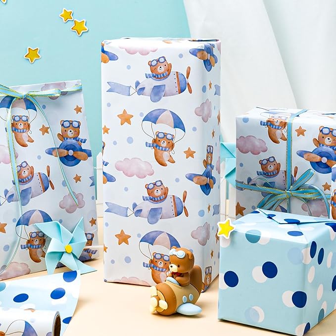 HOMERAL Baby Boy Wrapping Paper Roll - Adorable Blue Pilot Bear Design, Reversible Gift Wrap for Boy Birthday, Boys Baby Shower, Gender Reveal - Stars, Dots, Airplane and Parachute - 17 Inch x 33 Feet