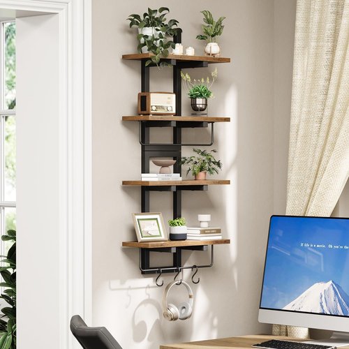 Creso Hom Floating Wall Shelves - Set of 2 Wooden Shelves with 6 Hooks | Rustic Brown for Home Decor