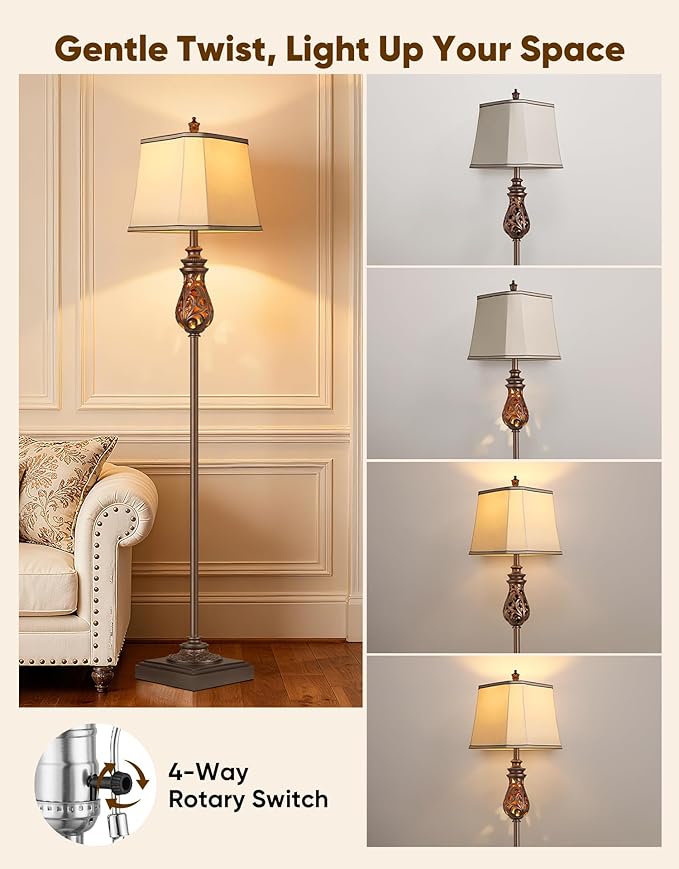 64'' Vintage Floor Lamp with Nightlight, Rustic Farmhouse Tall Standing Lamp with Rotary Switch and Beige Faux Silk Shade for Living Room, Corner, Bedroom, House Decor, Brown (Bulb Included)