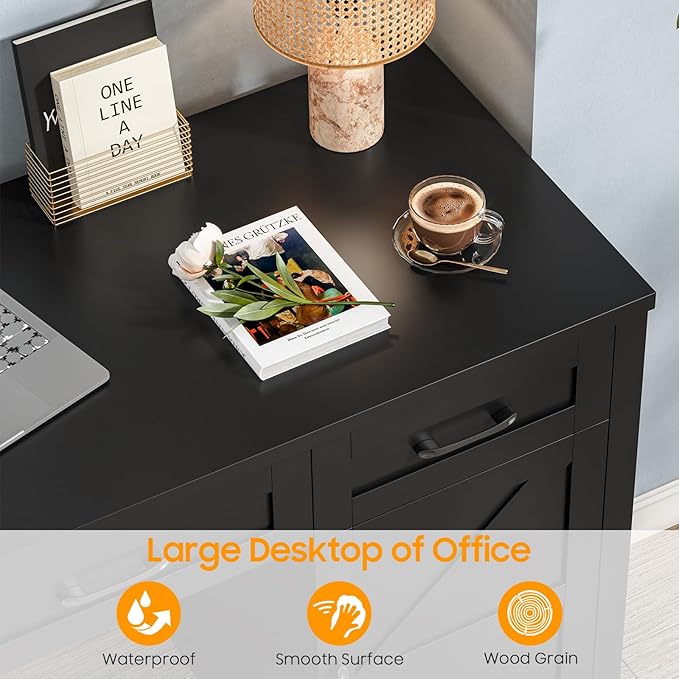 Farmhouse 59" Executive Desk,Computer Desk with 3 Drawers and Storage Cabinet,Workspace for Home Office and Study. Pure Black