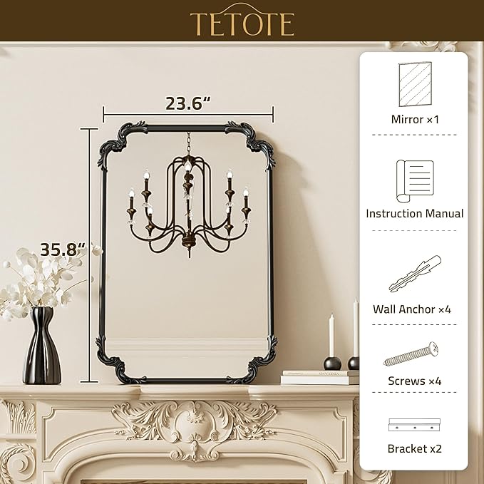 TETOTE Antique Black Rectangle Mirror for Mantle Fireplace 24 x 36 Baroque Vintage Ornate Scroll Wall Mirror with Metal Frame for Traditional Victorian French Decor, Horizontal/Vertical