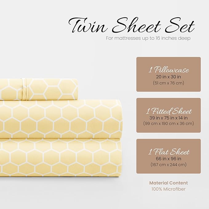 Linen Market Patterned Microfiber Twin Sheet Set 3 Piece – Oeko-TEX Certified Ultra Soft & Wrinkle-Free - 16" Deep Pocket Sheets - Easy Care Twin Size - Honeycomb Yellow