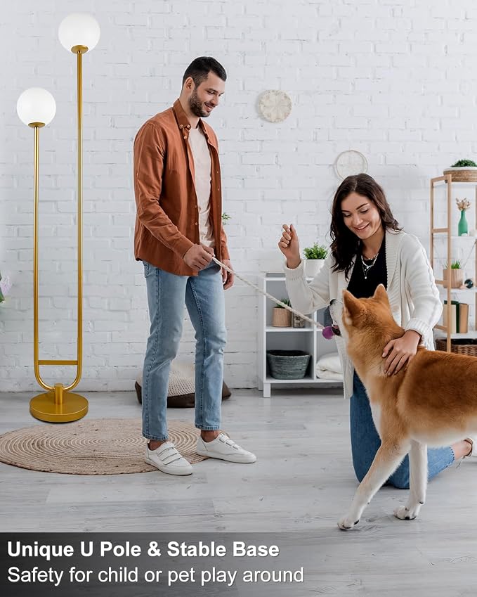 63IN Dimmable Floor Lamp with Shelf, Unique Globe Gold Tall Standing Lamps with 2 Bulbs, 3000K Warmwhite Mid Century Modern Floor Lamp with 5Lbs Heavy Base for Living Room/Bedroom