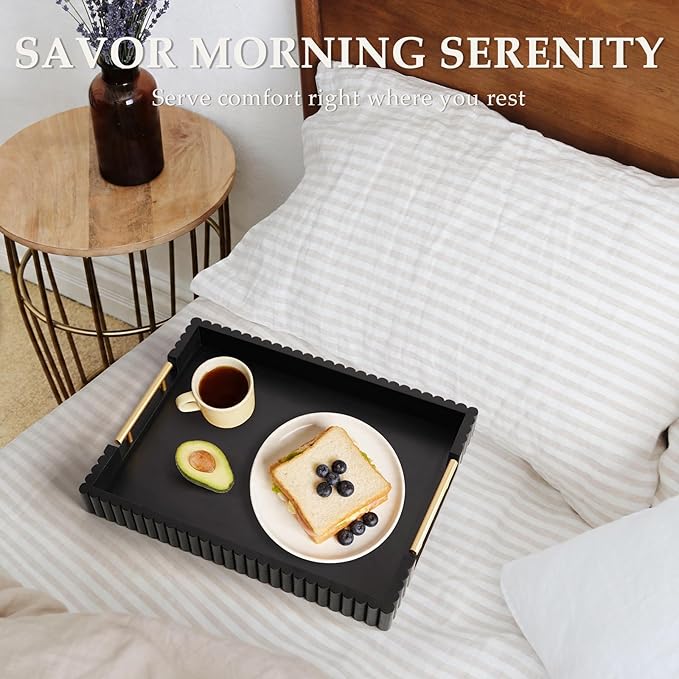 Acacia Wood Decorative Serving Tray with Handles, 16.7" x 12.8" Large Wooden Ottoman Tray for Living Room, Coffee Table Tray Decor for Food, Dinner, Tea or Breakfast in Bed (Black)