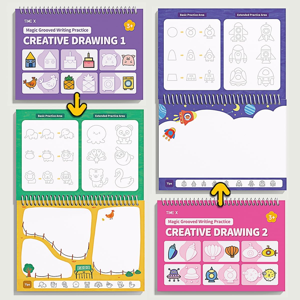 TIME X Magic Grooved Writing Practice Books - Reusable 3D Handwriting Workbooks for Kids Ages 3-8 | Large Size with Disappearing Ink