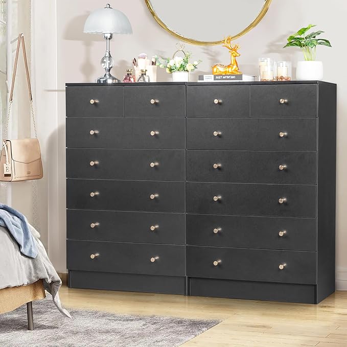 Karl home Black 7 Drawer Dresser for Bedroom, Tall Dresser Chest of Drawers, Wood Bedroom Dressers Clothes Organizer, Anti-Tipping Device, Rose Gold Metal Handle, Living Room, Entryway, Office