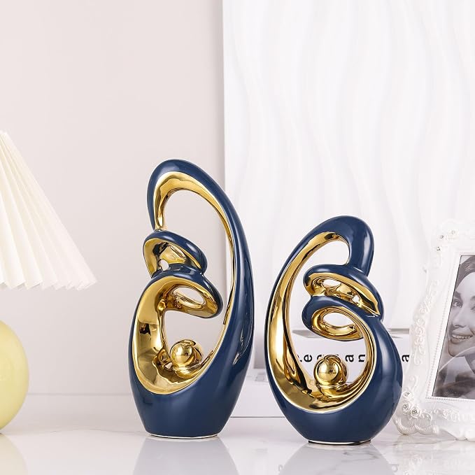 Blue Gold Ceramic Abstract Sculpture, Modern Art Deco Statues With Gold Accents For Home, Tv Stand Decor Centerpieces