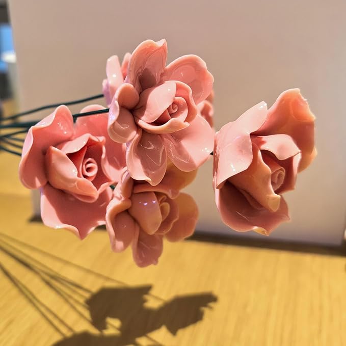Artificial Flowers with Vase Set, 8 Handmade Ceramic Flowers with Premium Ceramic Vase, Easy Assembly Home Decor Gift Box for Wedding, Mother’s Day, Table Centerpiece (Pale Pink)