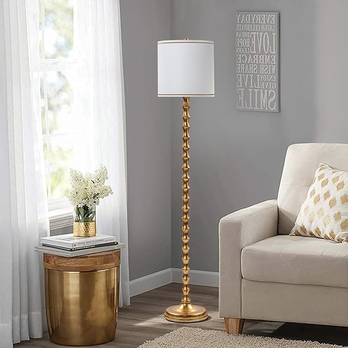 EUO 64.5" Gold Floor Lamp for Living Room, Gold Bamboo Floor Lamps for Bedroom, Tall Skinny Lamp for Home Decor, Mid Century Antique Floor Lamps with White Lampshade